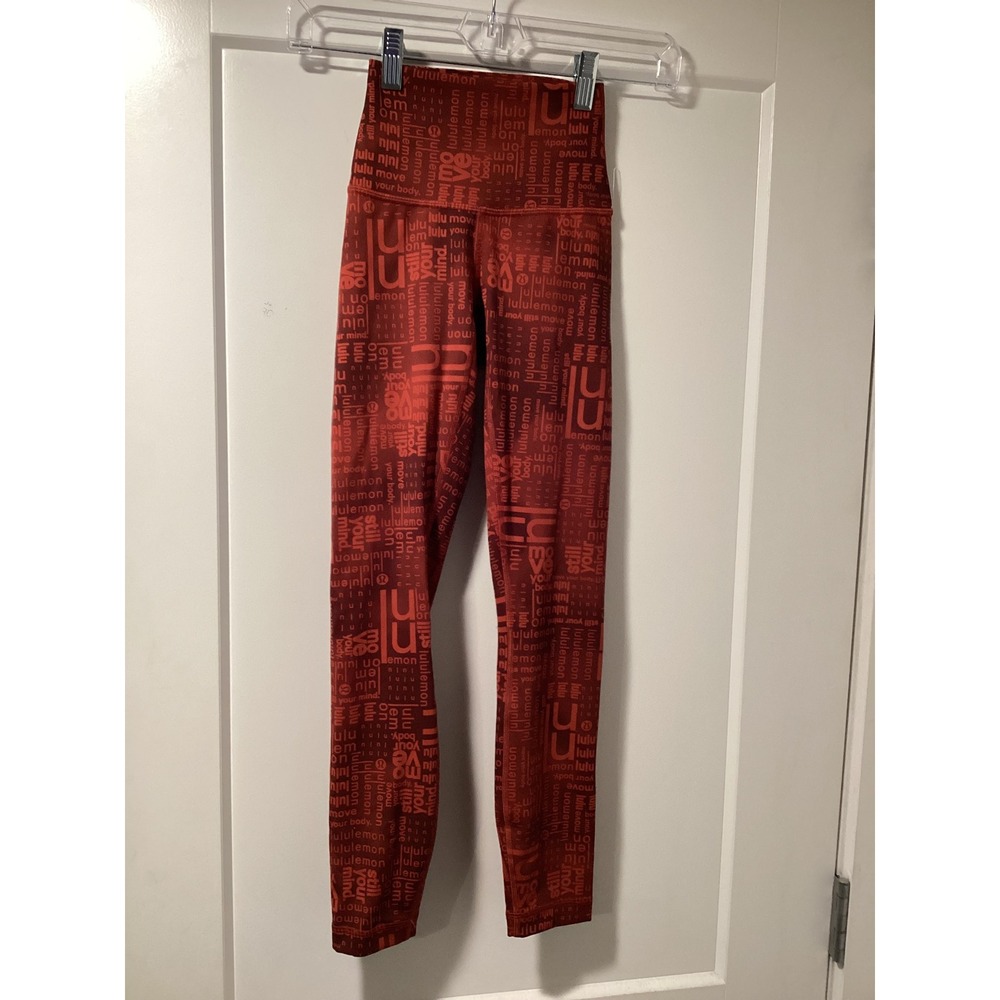 Lululemon Wunder Train HR Tight 25 Logo Typography Red Orange Leggings Size 0